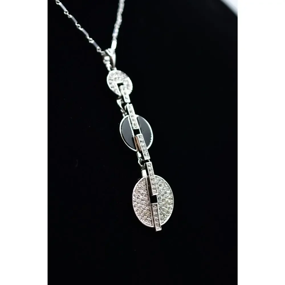 Vintage Y2K Pendant Crystal Necklace Rhinestone Black Enamel Silver Shiny Bin5